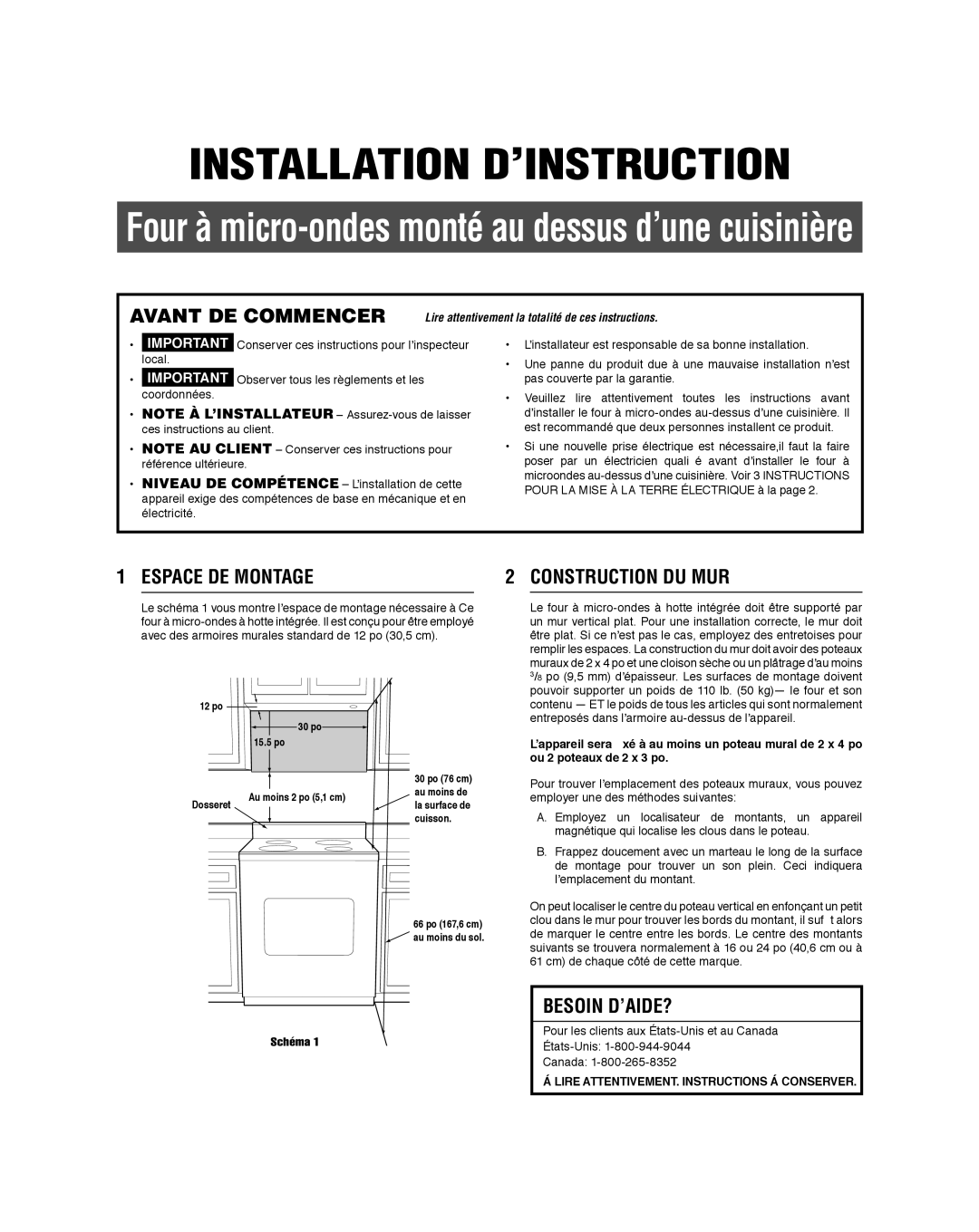 Frigidaire 316495060 manual Avant DE Commencer, Espace DE Montage, Construction DU MUR, Besoin D’AIDE? 