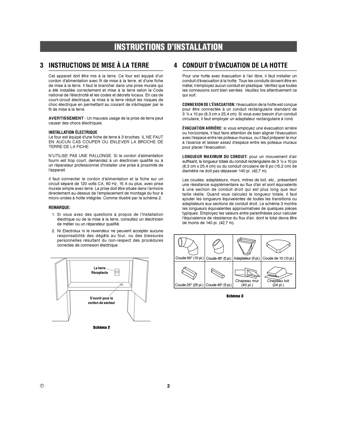 Frigidaire 316495060 manual Instructions DE Mise À LA Terre, Conduit D’ÉVACUATION DE LA Hotte 