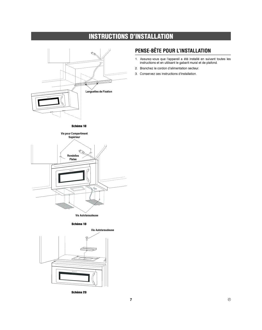 Frigidaire 316495060 manual PENSE-BÊTE Pour L’INSTALLATION, Languettes de Fixation 