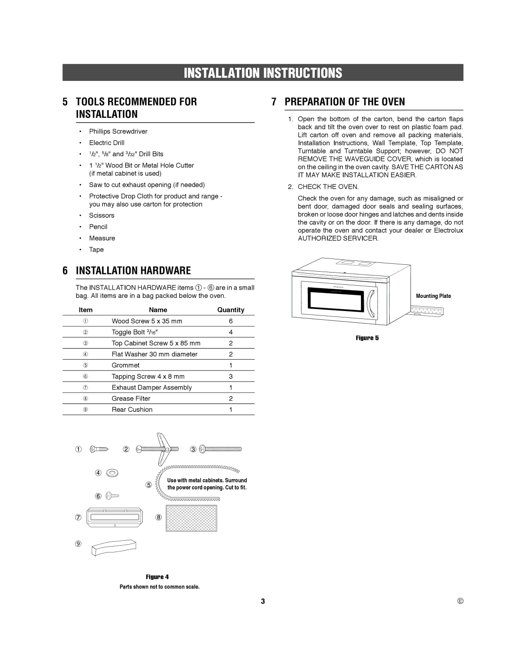 Frigidaire 316495060 manual Preparation of the Oven, Installation Hardware, Name Quantity, Parts shown not to common scale 