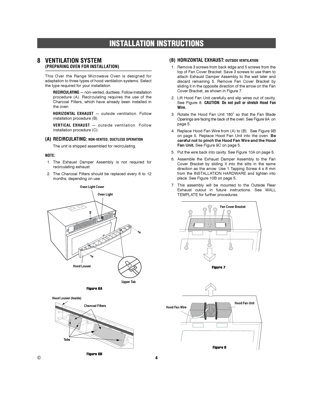 Frigidaire 316495060 manual Ventilation System, Horizontal Exhaust Outside Ventilation, Wire 