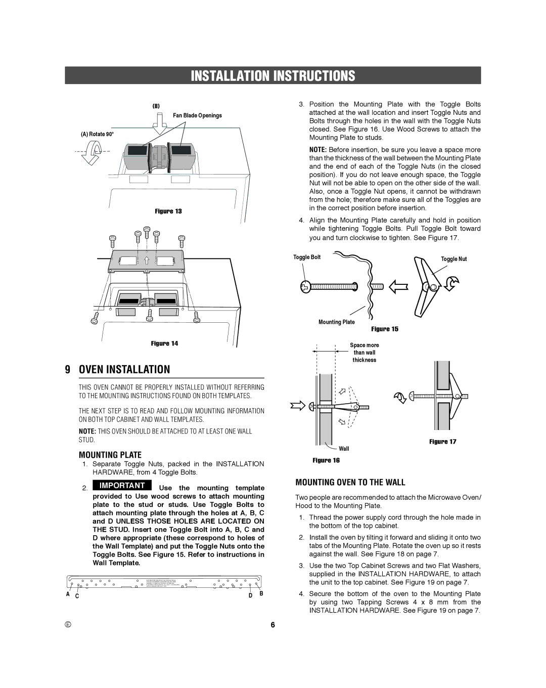 Frigidaire 316495060 manual Oven Installation, Mounting Plate, Mounting Oven to the Wall 