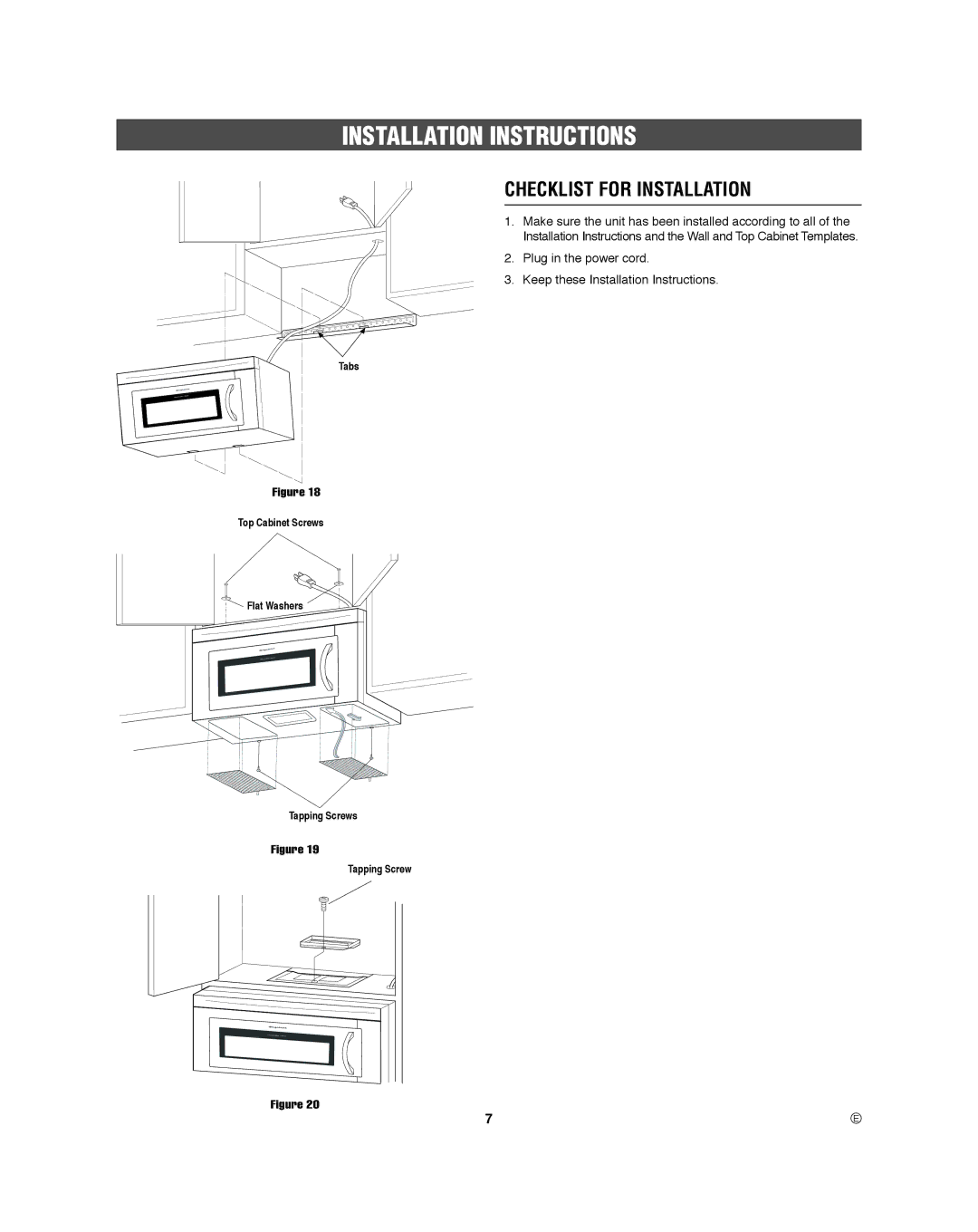 Frigidaire 316495060 manual Checklist for Installation, Tabs Top Cabinet Screws Flat Washers Tapping Screws 