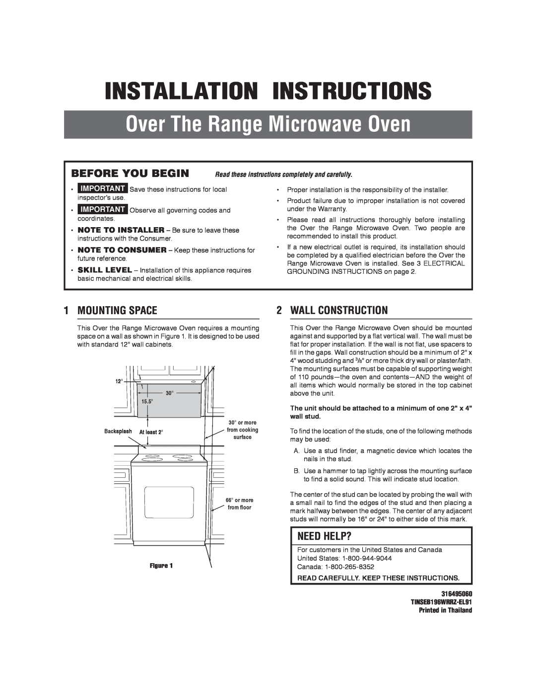 Frigidaire 316495060 manual Installation Instructions, Over The Range Microwave Oven, Before You Begin, Mounting Space 