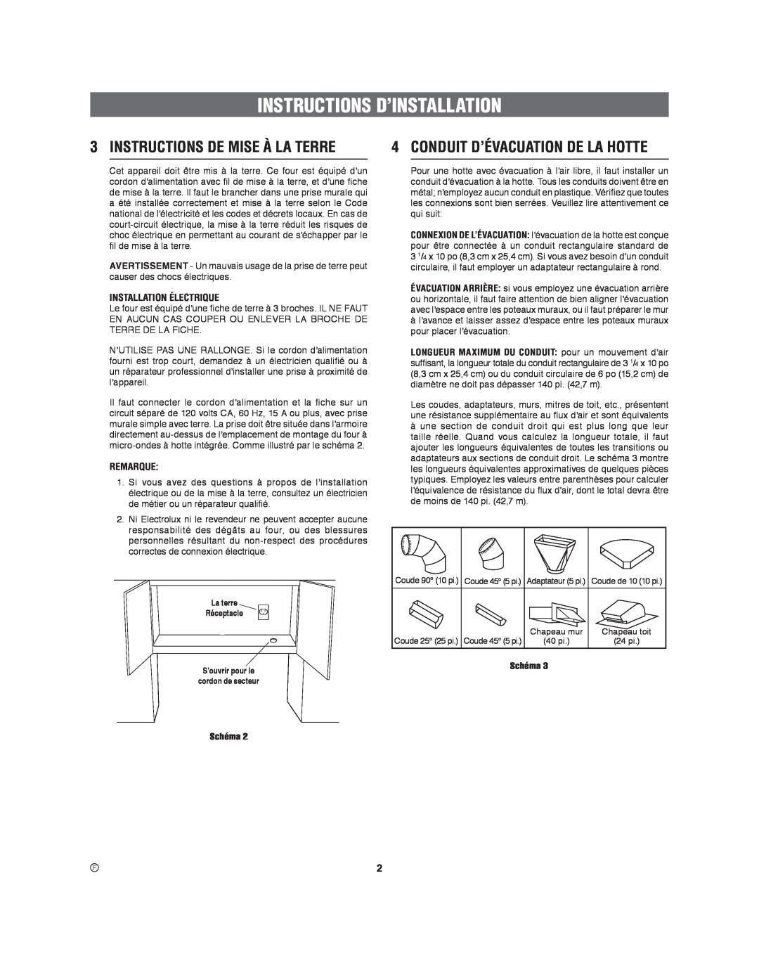 Frigidaire 316495060 manual Instructions D’Installation, Instructions De Mise À La Terre, Conduit D’Évacuation De La Hotte 