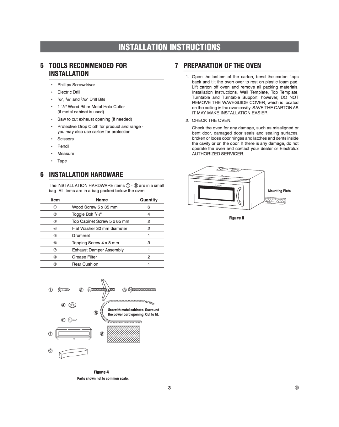 Frigidaire 316495060 Preparation Of The Oven, Installation Hardware, Tools Recommended For Installation, Name, Quantity 
