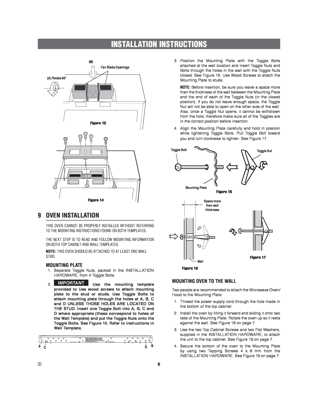Frigidaire 316495060 manual Oven Installation, Mounting Plate, Mounting Oven To The Wall, Installation Instructions 