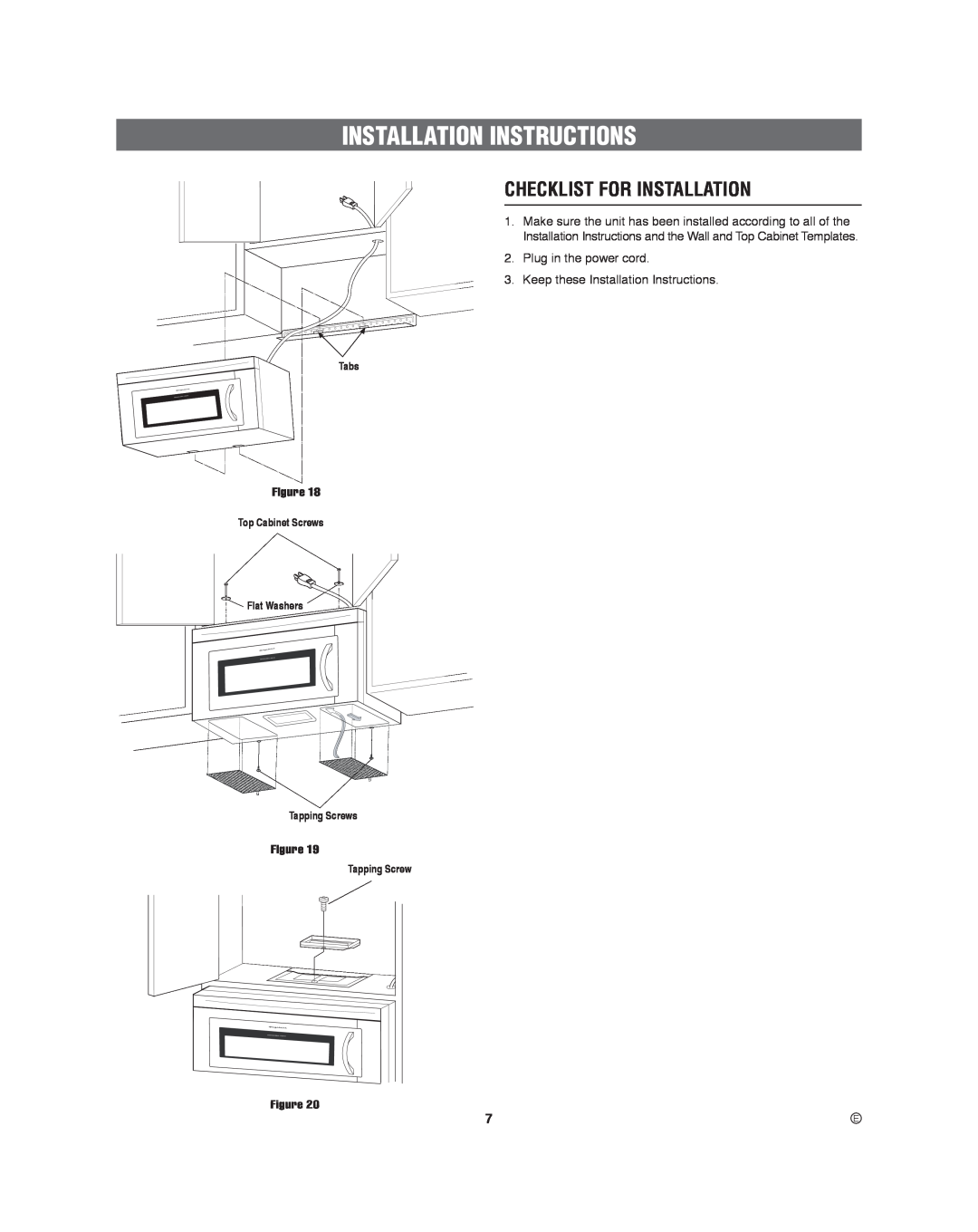 Frigidaire 316495060 manual Checklist For Installation, Installation Instructions, Tabs, Tapping Screw 