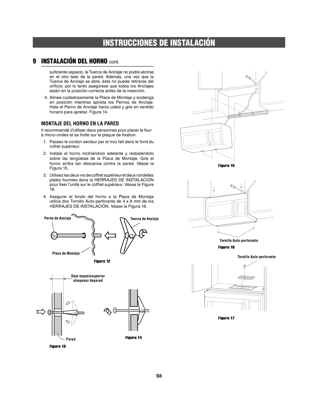 Frigidaire 316495062 installation instructions Instalación DEL Horno, Montaje DEL Horno EN LA Pared 