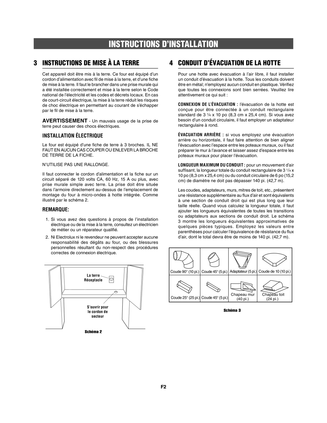 Frigidaire 316495062 Instructions DE Mise À LA Terre, Conduit D’ÉVACUATION DE LA Hotte, Installation Électrique, Remarque 