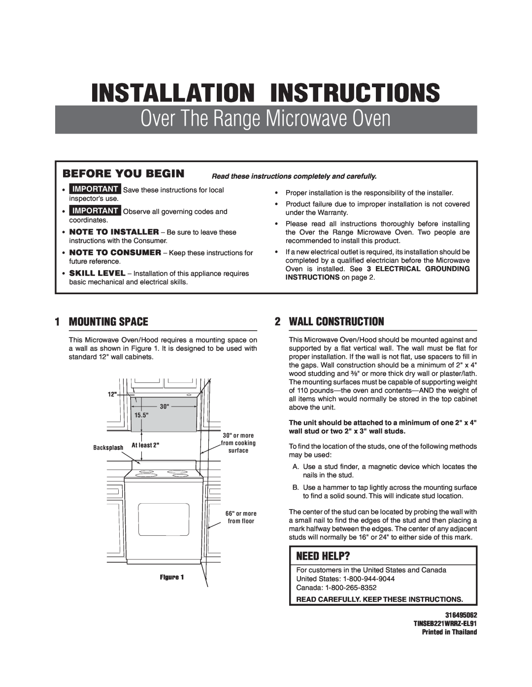 Frigidaire 316495062 installation instructions Before You Begin, Mounting Space, Wall Construction, Need Help? 