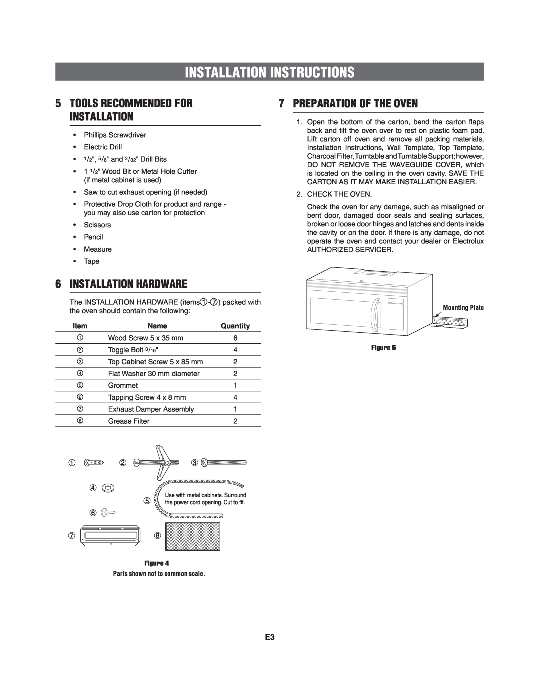 Frigidaire 316495062 Preparation Of The Oven, Installation Hardware, Tools Recommended For Installation, Name, Quantity 