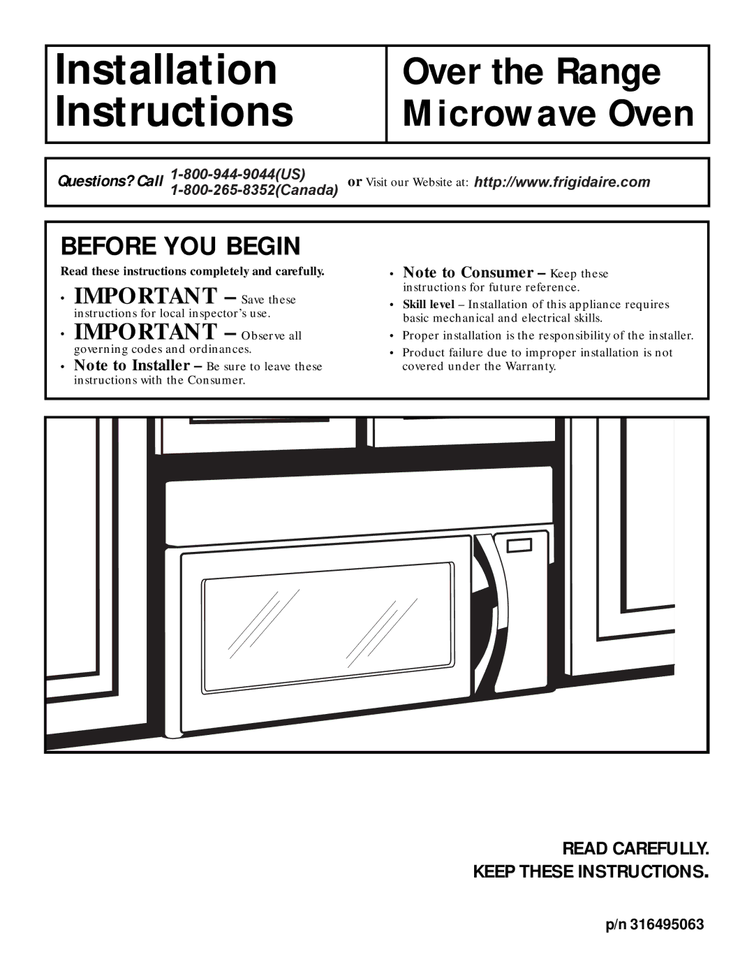 Frigidaire 316495063 warranty Before YOU Begin, Read Carefully Keep These Instructions 