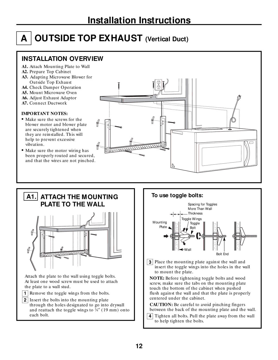 Frigidaire 316495063 warranty Installation Overview, A1. Attach the Mounting Plate to the Wall 