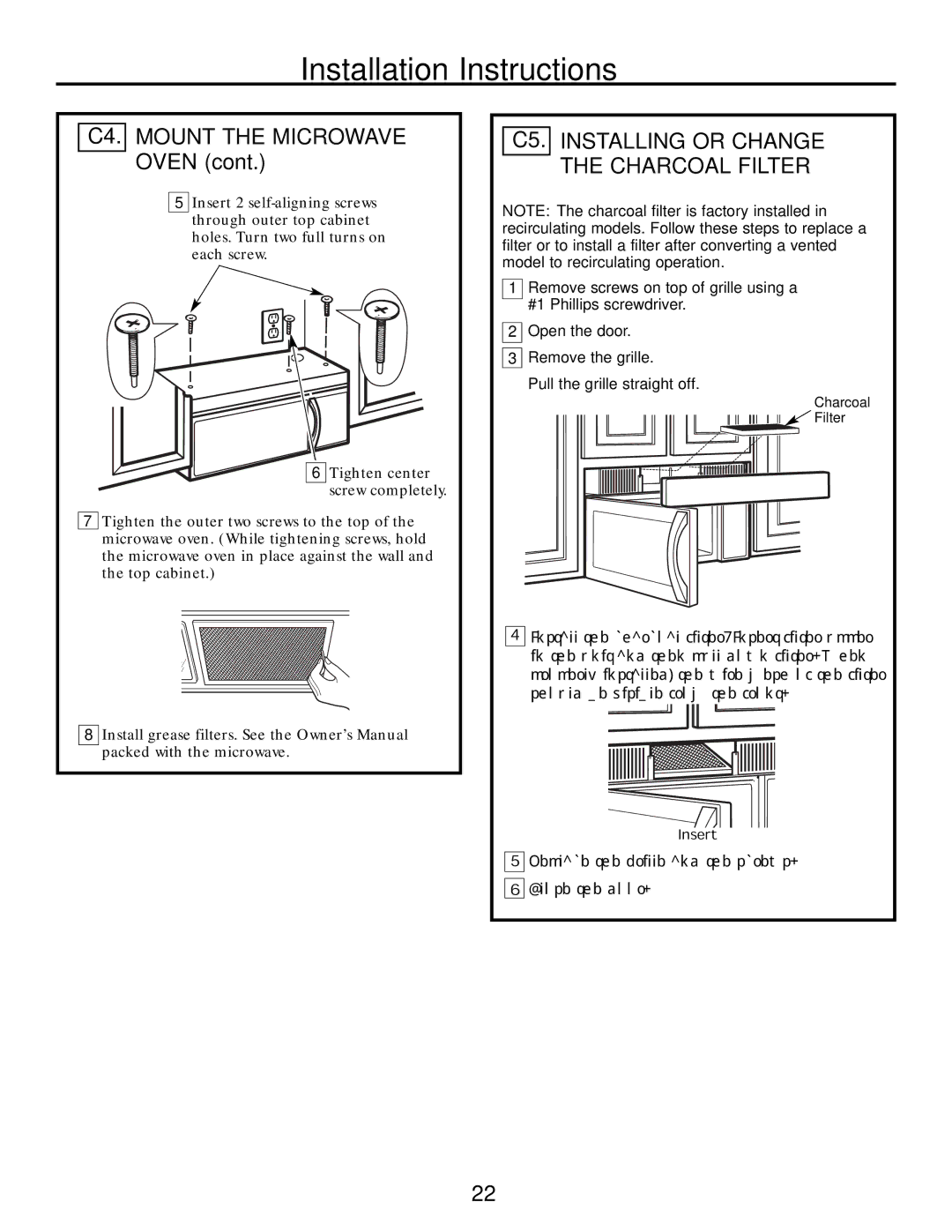 Frigidaire 316495063 warranty C4. Mount the Microwave Oven, C5. Installing or Change the Charcoal Filter 