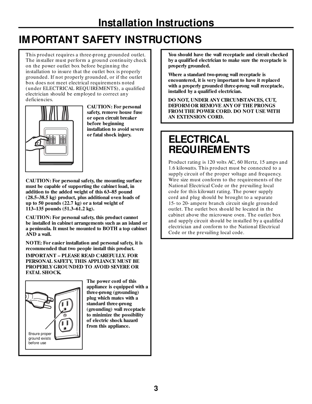 Frigidaire 316495063 warranty Important Safety Instructions, Electrical Requirements 