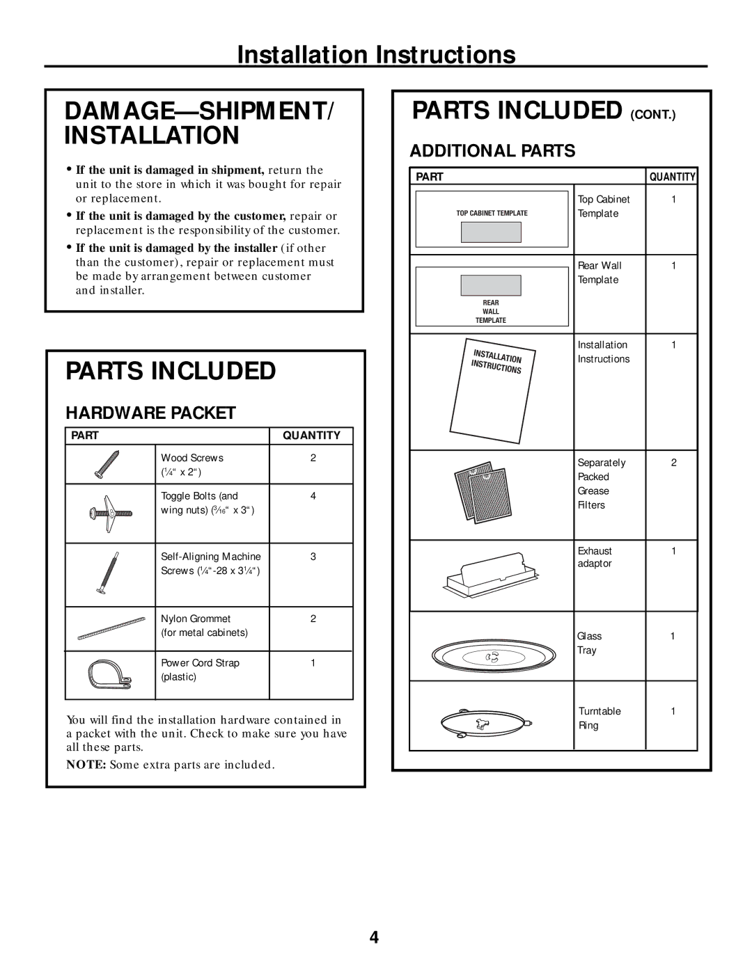 Frigidaire 316495063 warranty DAMAGE-SHIPMENT/ Installation Parts Included, Additional Parts, Hardware Packet 