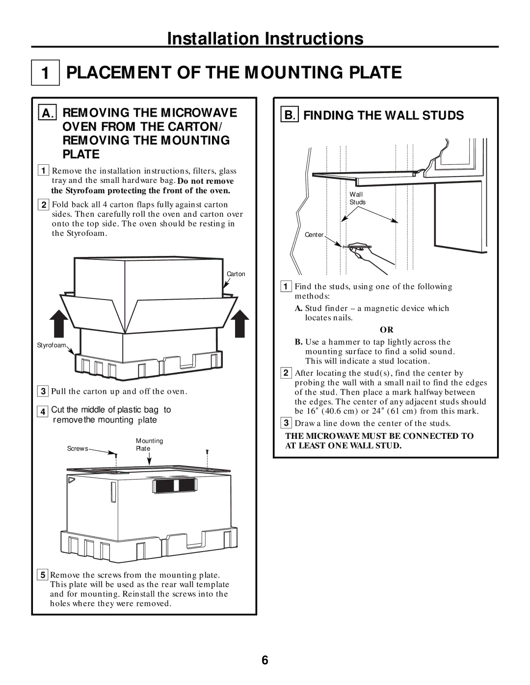 Frigidaire 316495063 warranty Placement of the Mounting Plate, Finding the Wall Studs 