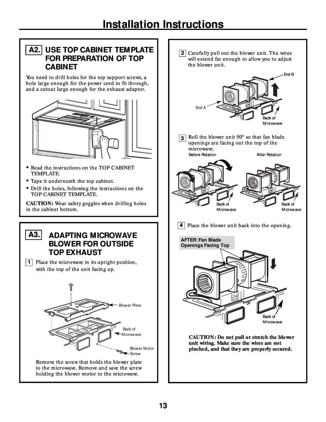 Frigidaire 316495063 warranty A3. ADAPTING MICROWAVE BLOWER FOR OUTSIDE TOP EXHAUST, Installation Instructions 