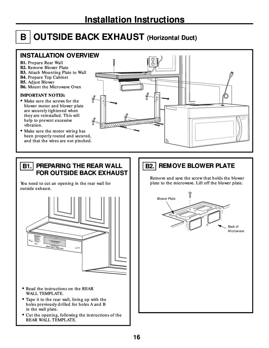Frigidaire 316495063 warranty Installation Instructions B OUTSIDE BACK EXHAUST Horizontal Duct, B2. REMOVE BLOWER PLATE 