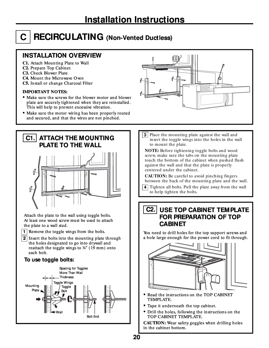 Frigidaire 316495063 RECIRCULATING Non-Vented Ductless, C1. ATTACH THE MOUNTING PLATE TO THE WALL, Installation Overview 