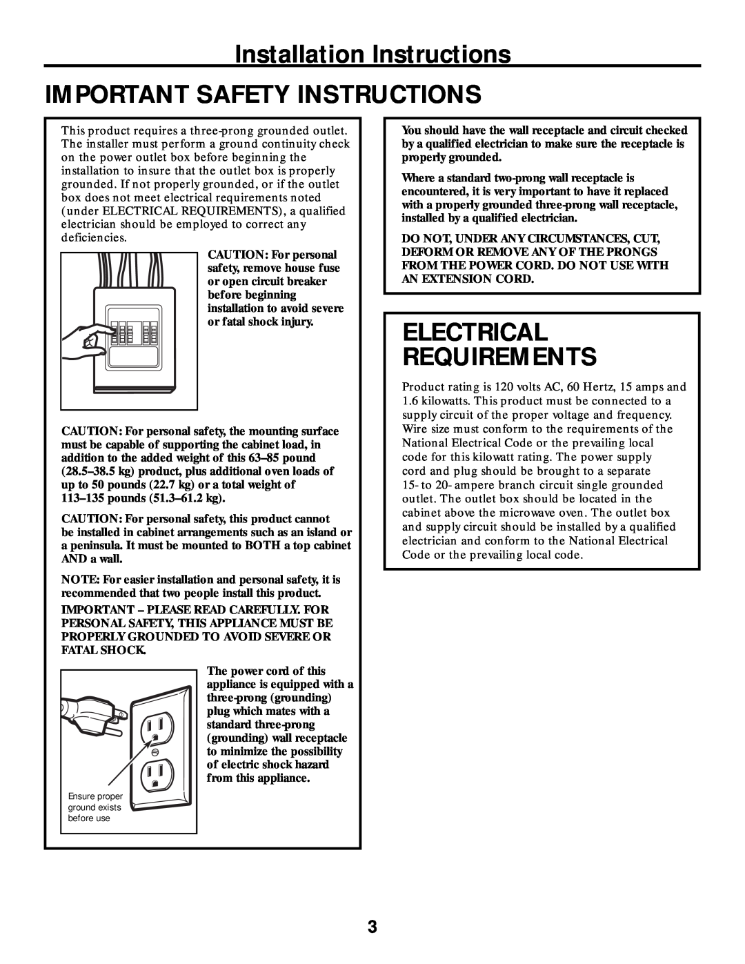 Frigidaire 316495063 warranty Installation Instructions IMPORTANT SAFETY INSTRUCTIONS, Electrical Requirements 