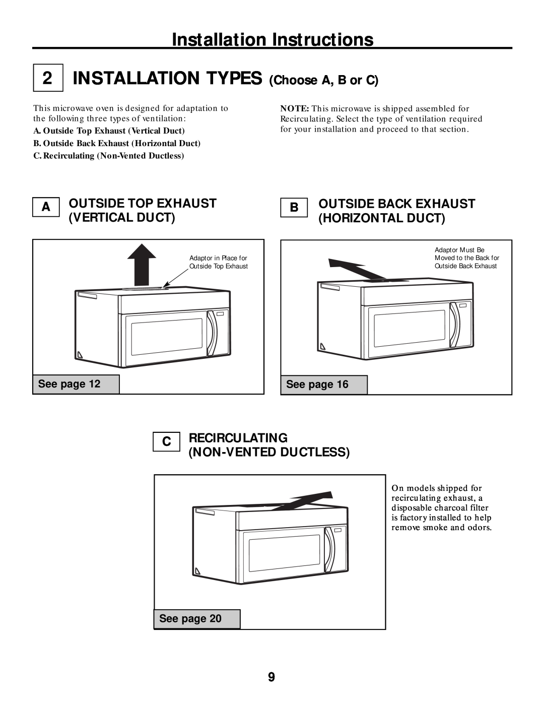 Frigidaire 316495063 warranty INSTALLATION TYPES Choose A, B or C, A Outside Top Exhaust Vertical Duct, See page 