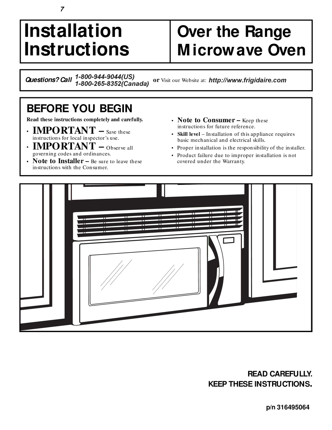 Frigidaire 316495064 warranty Before YOU Begin, Read Carefully Keep These Instructions 