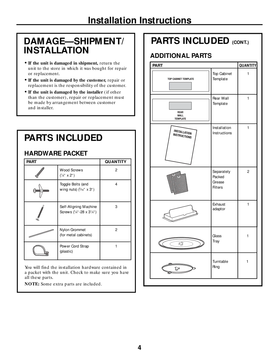 Frigidaire 316495064 warranty DAMAGE-SHIPMENT/ Installation Parts Included, Additional Parts, Hardware Packet 