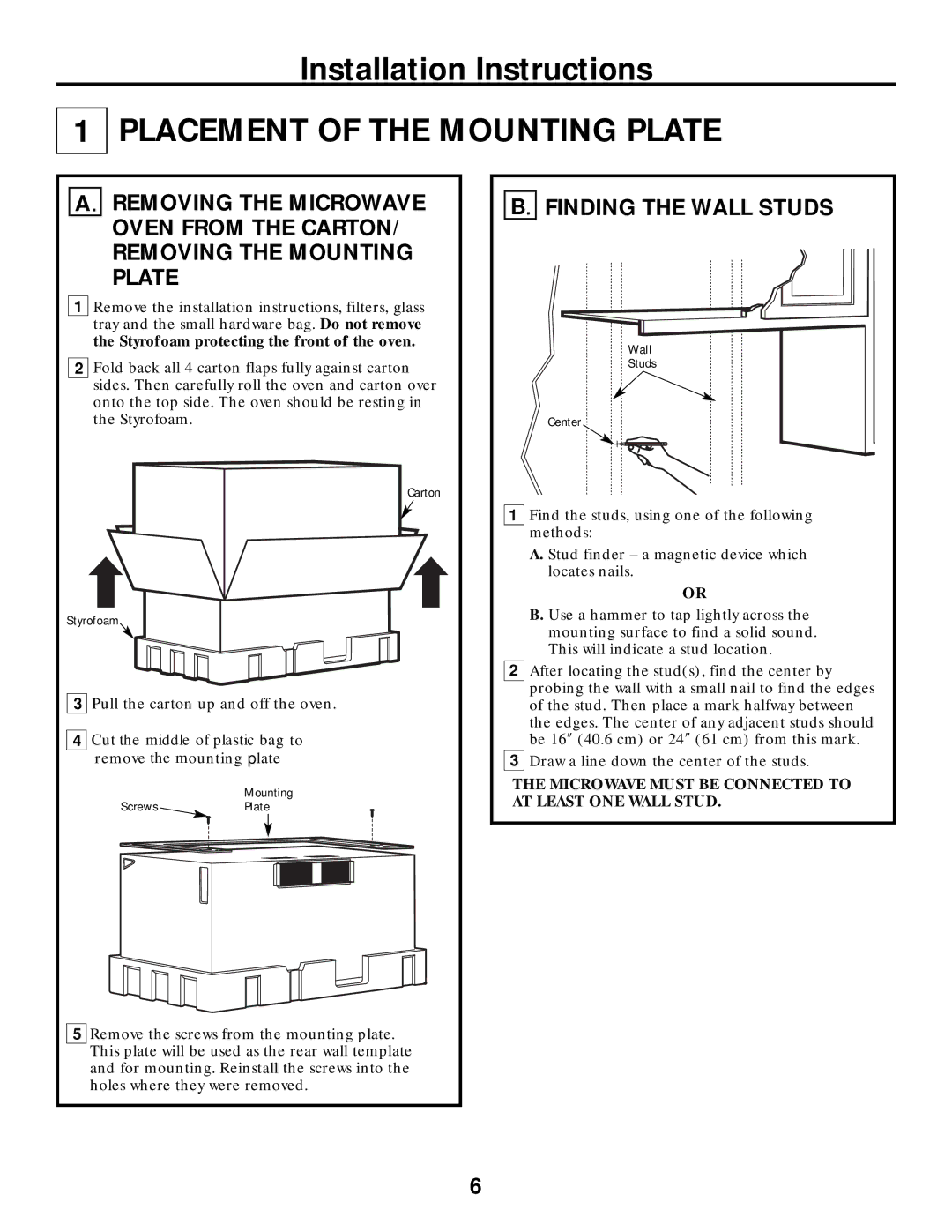 Frigidaire 316495064 warranty Placement of the Mounting Plate, Finding the Wall Studs 