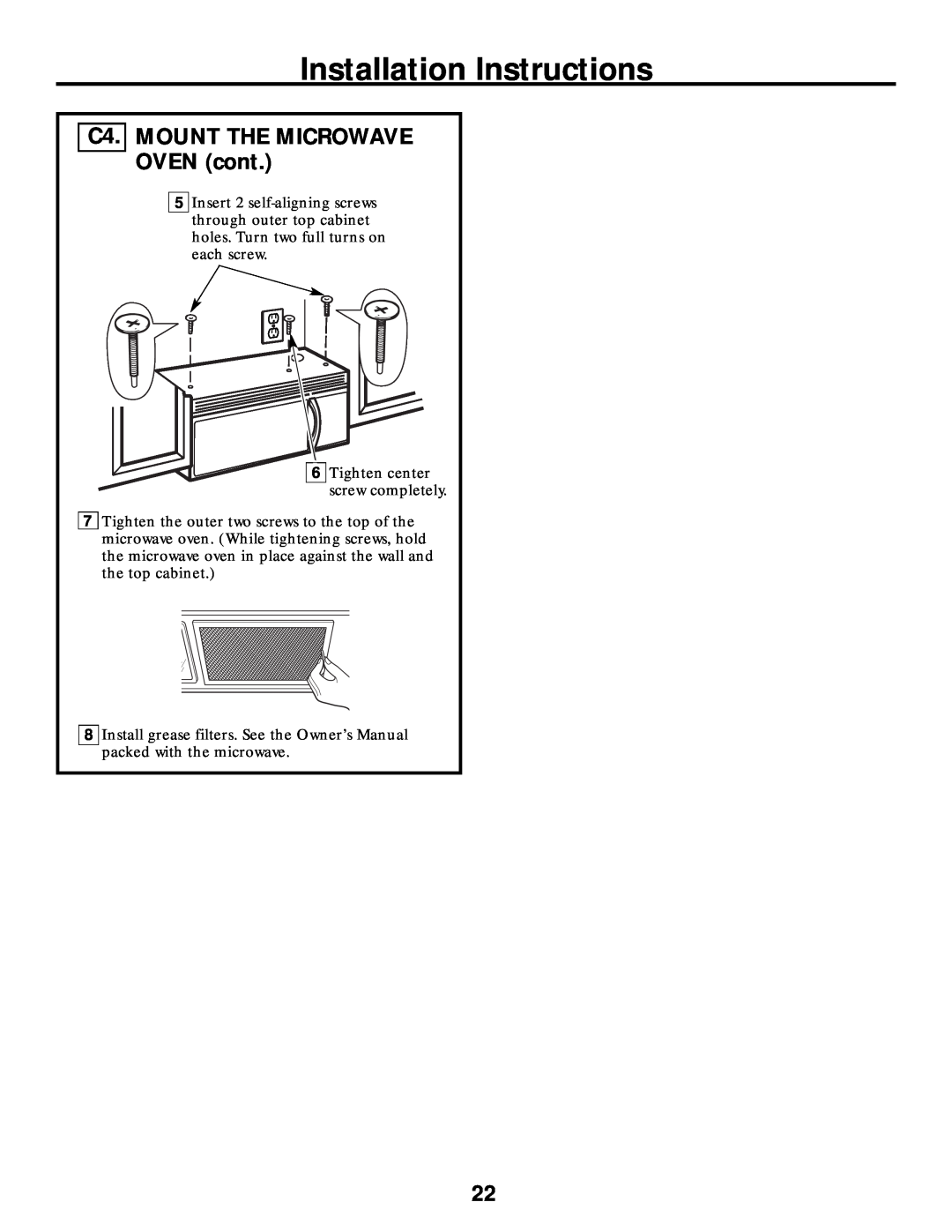 Frigidaire 316495064 warranty C4. MOUNT THE MICROWAVE OVEN cont, Installation Instructions 