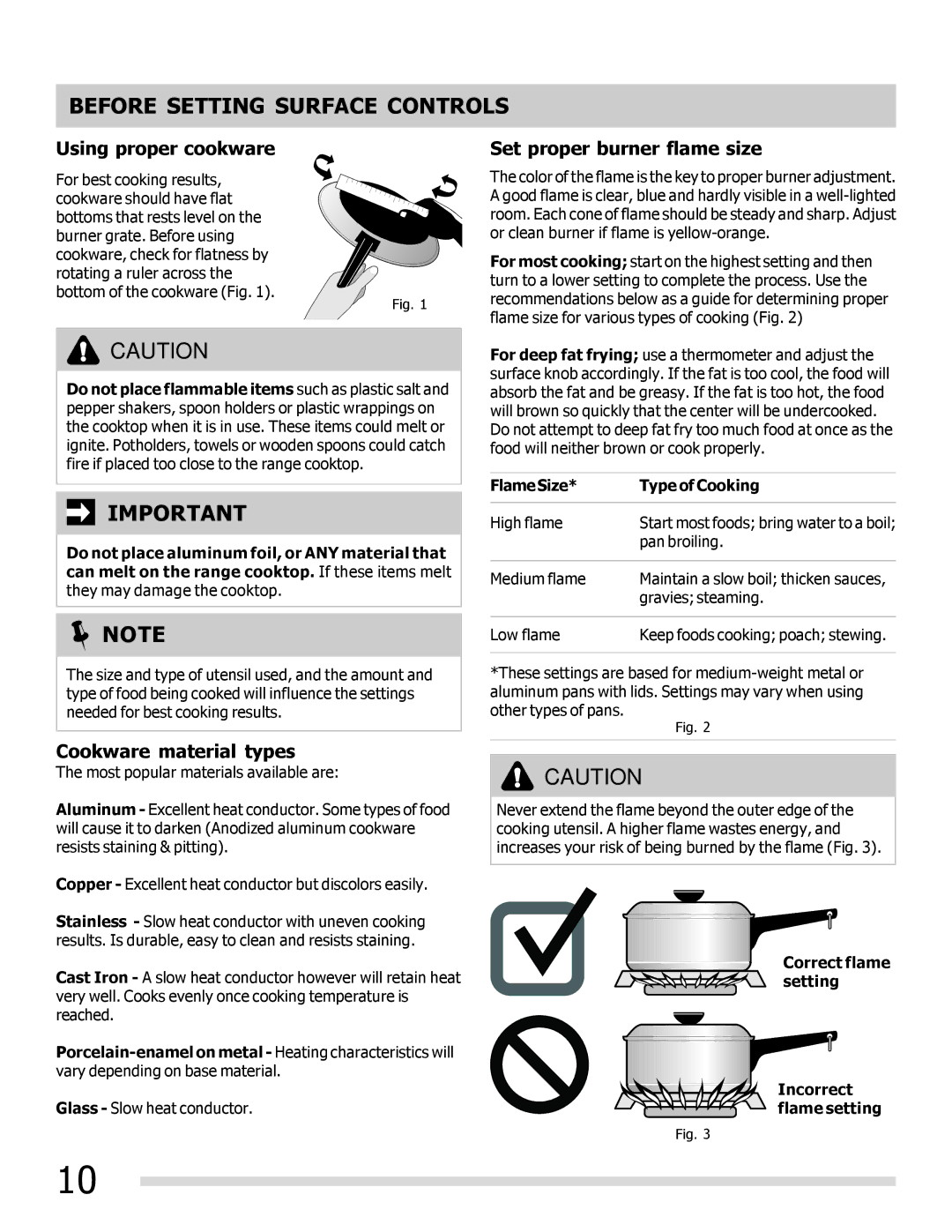 Frigidaire DGGF3042KF, 316901202 manual Before Setting Surface Controls, Using proper cookware, Set proper burner flame size 