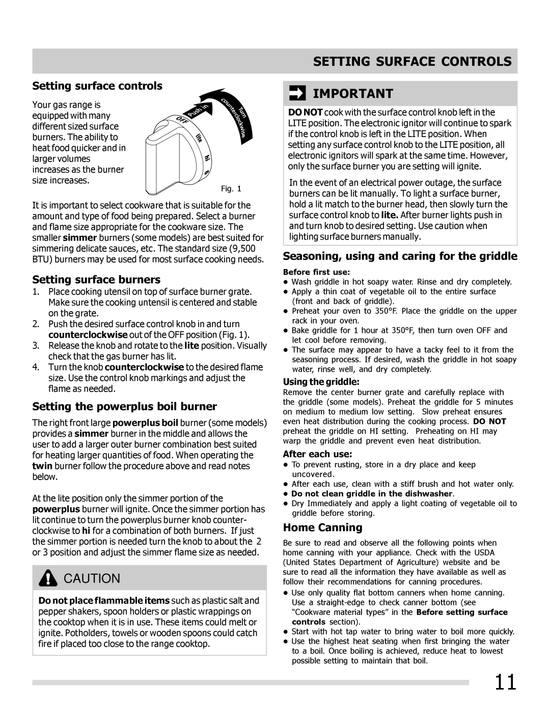 Frigidaire DGGF3042KF-PKG, 316901202 manual Setting Surface Controls 