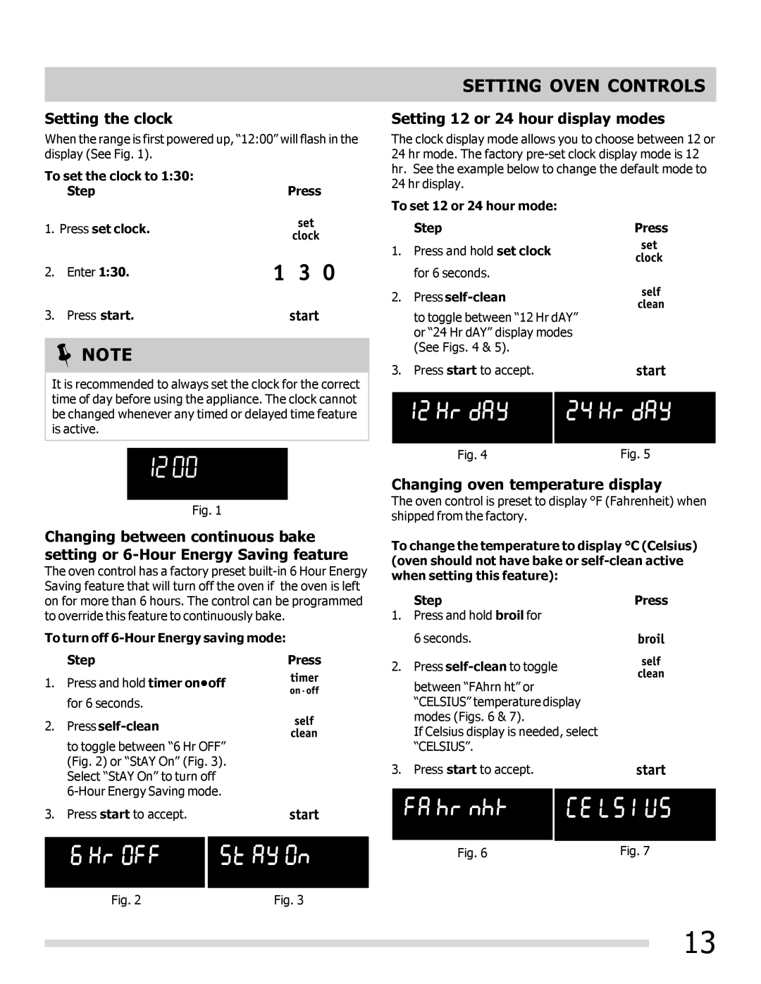 Frigidaire DGGF3042KF, 316901202 manual Setting Oven Controls, Setting the clock, Setting 12 or 24 hour display modes 