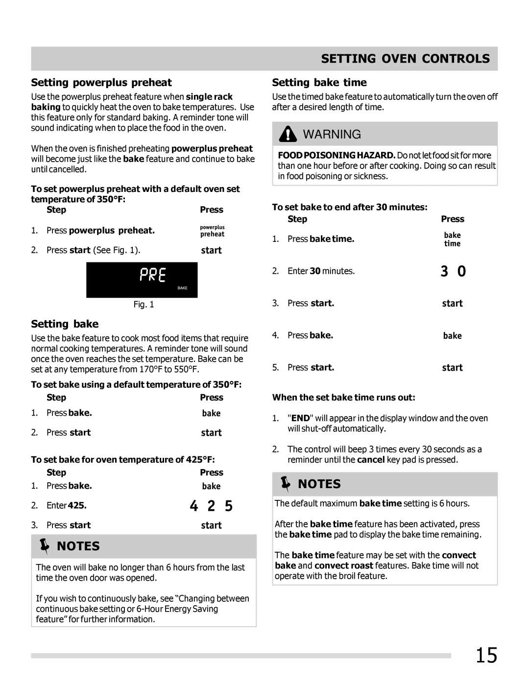 Frigidaire 316901202, DGGF3042KF manual Setting powerplus preheat, Setting bake time, When the set bake time runs out 