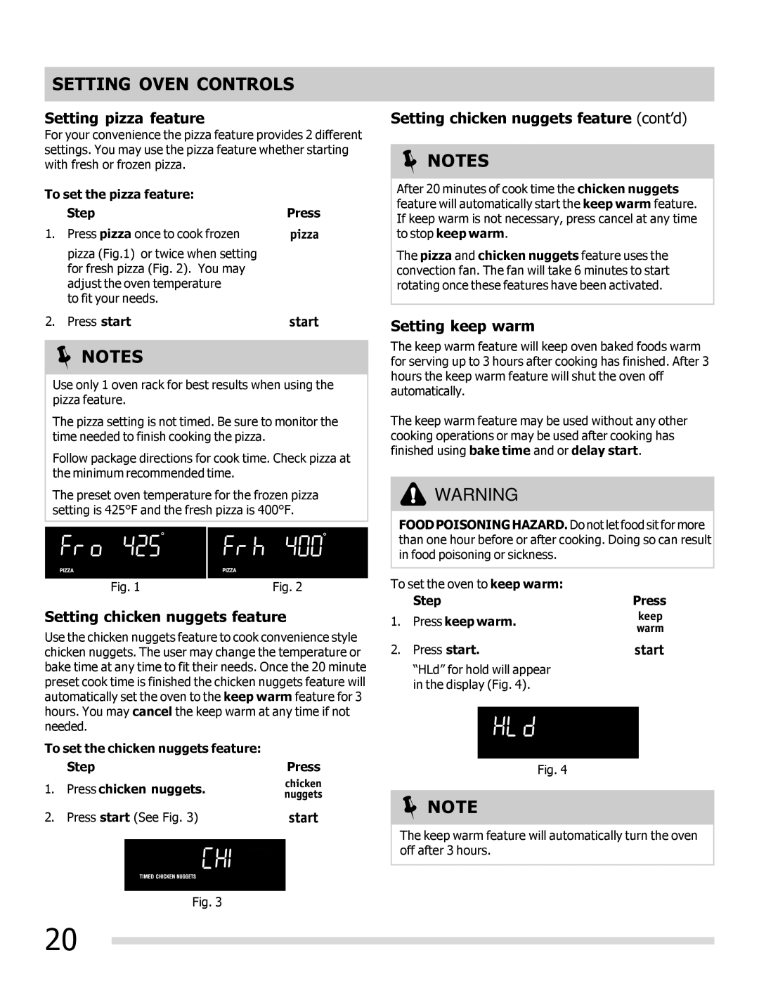 Frigidaire DGGF3042KF-PKG, 316901202 Setting pizza feature, Setting chicken nuggets feature cont’d, Setting keep warm 