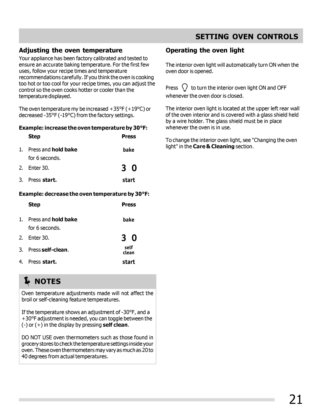 Frigidaire 316901202, DGGF3042KF-PKG manual Adjusting the oven temperature, Operating the oven light 