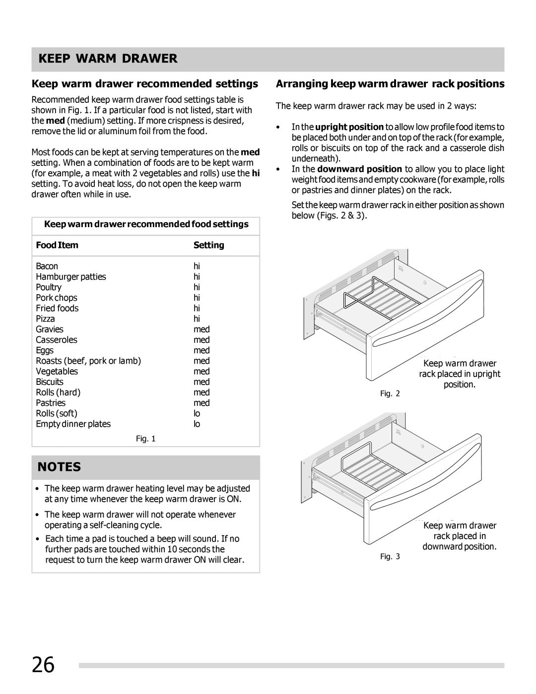 Frigidaire DGGF3042KF-PKG, 316901202 manual Keep warm drawer recommended settings, Arranging keep warm drawer rack positions 