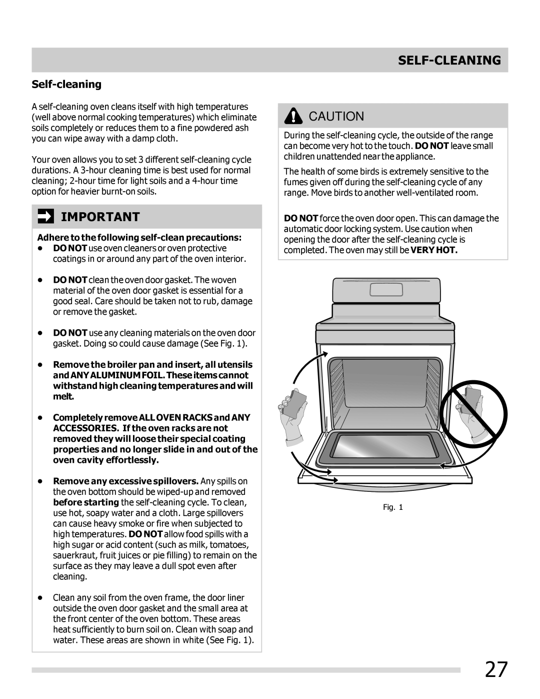 Frigidaire 316901202, DGGF3042KF manual Self-Cleaning, Self-cleaning, Adhere to the following self-clean precautions 