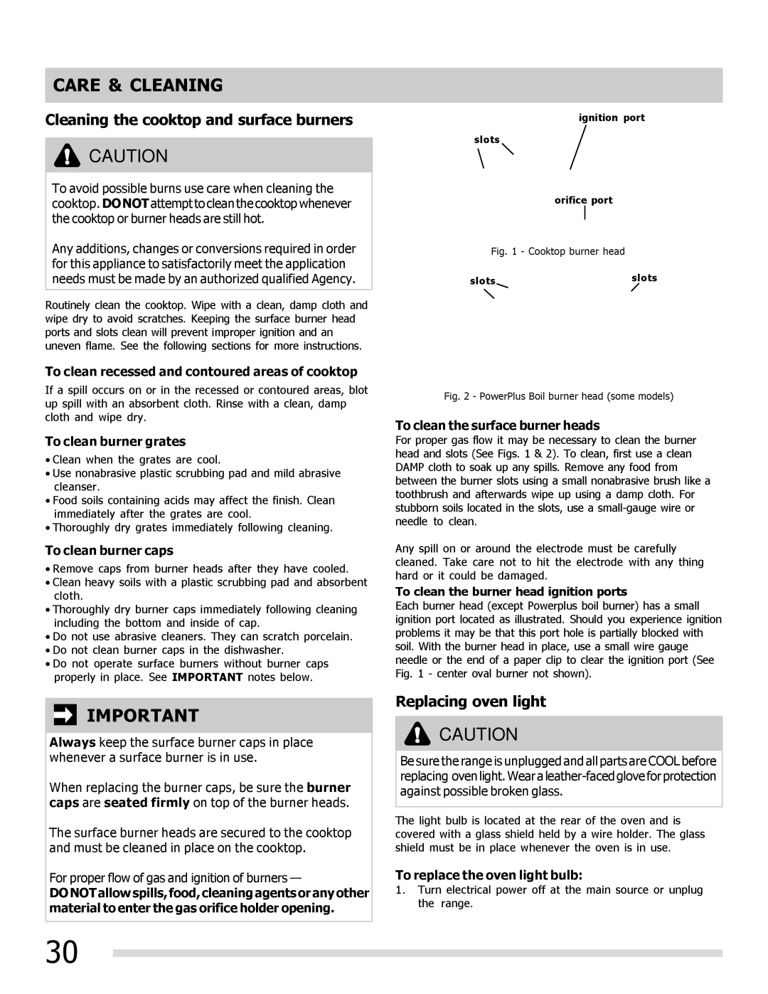 Frigidaire 316901202, DGGF3042KF-PKG manual Cleaning the cooktop and surface burners, Replacing oven light 