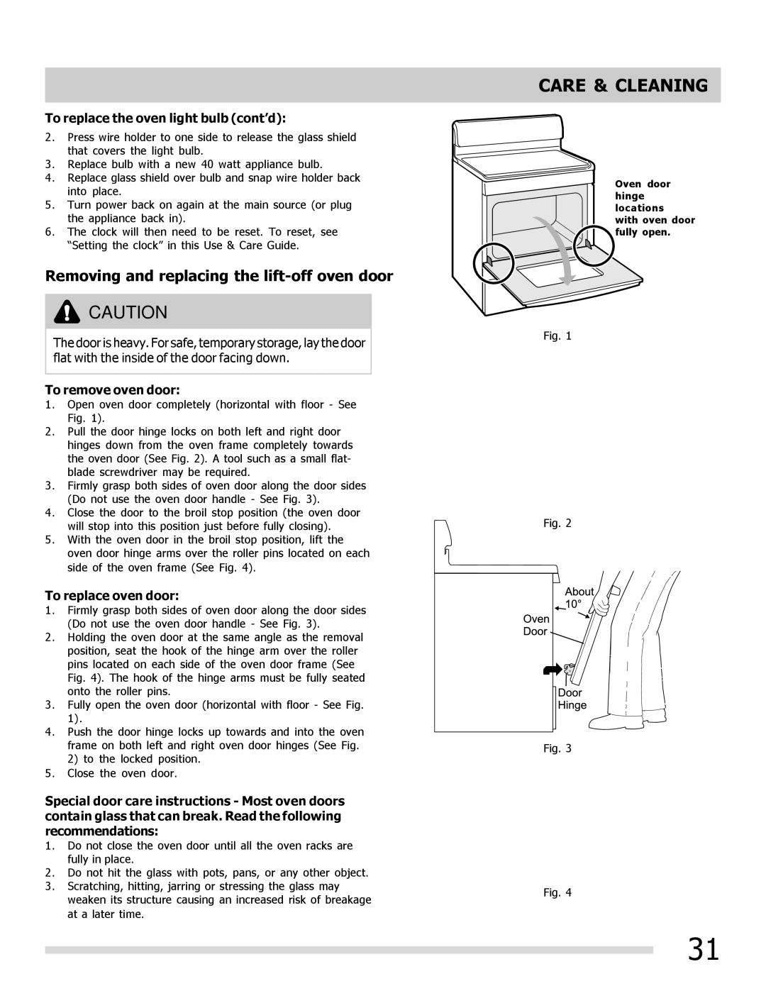 Frigidaire DGGF3042KF, 316901202 manual Removing and replacing the lift-off oven door, To replace the oven light bulb cont’d 