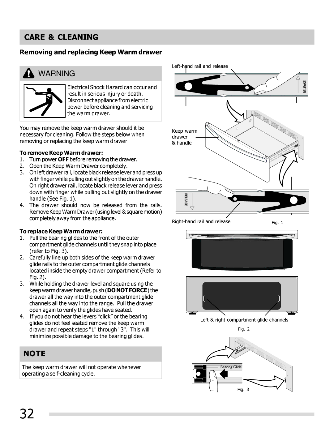 Frigidaire DGGF3042KF-PKG Removing and replacing Keep Warm drawer, To remove Keep Warm drawer, To replace Keep Warm drawer 