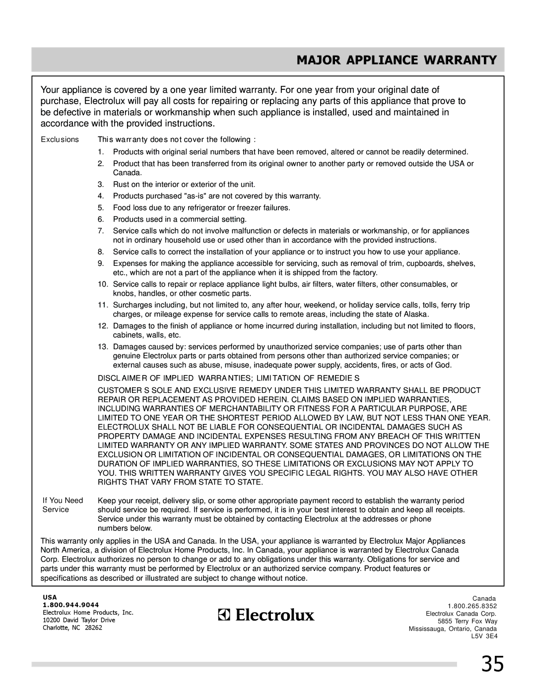 Frigidaire DGGF3042KF-PKG, 316901202 Major Appliance Warranty, Exclusions Thi s wa rr anty doe s not cover the following 