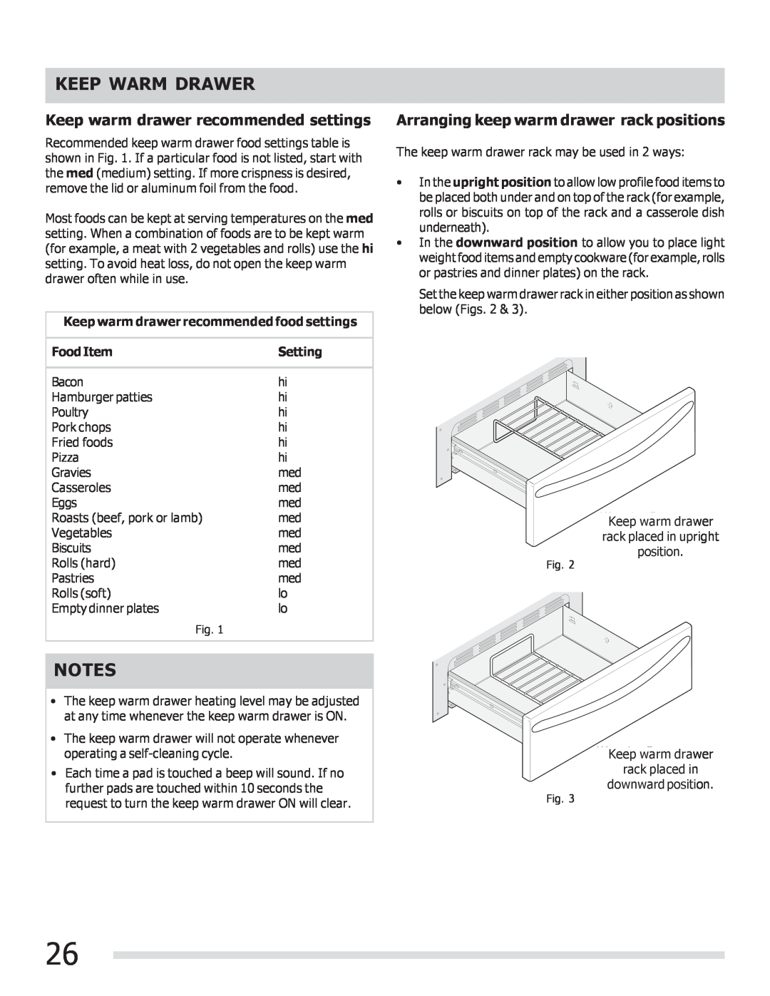Frigidaire DGGF3042KF-PKG manual Keep warm drawer recommended settings, Arranging keep warm drawer rack positions, FoodItem 
