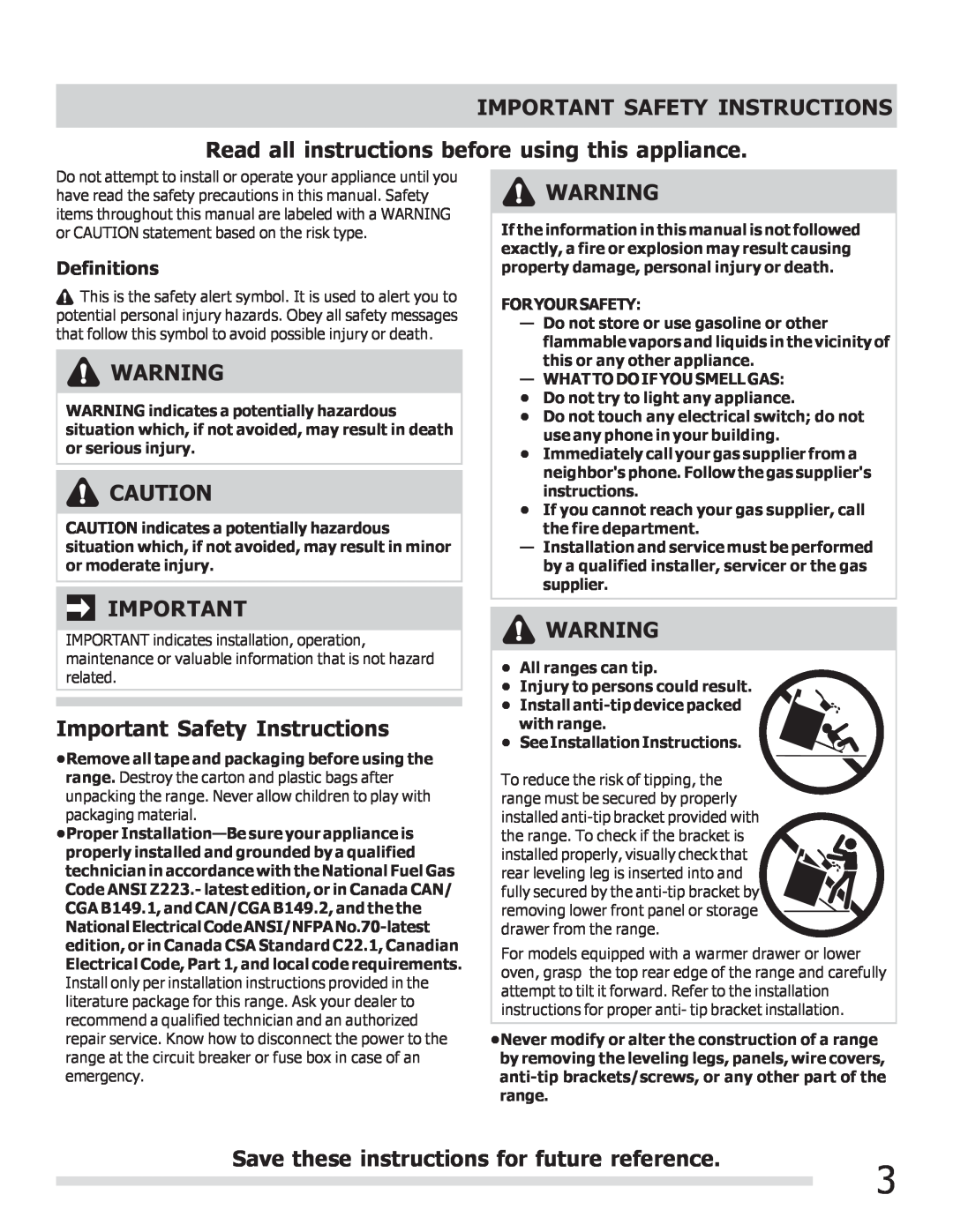 Frigidaire 316901202 manual Important Safety Instructions, Read all instructions before using this appliance, Definitions 