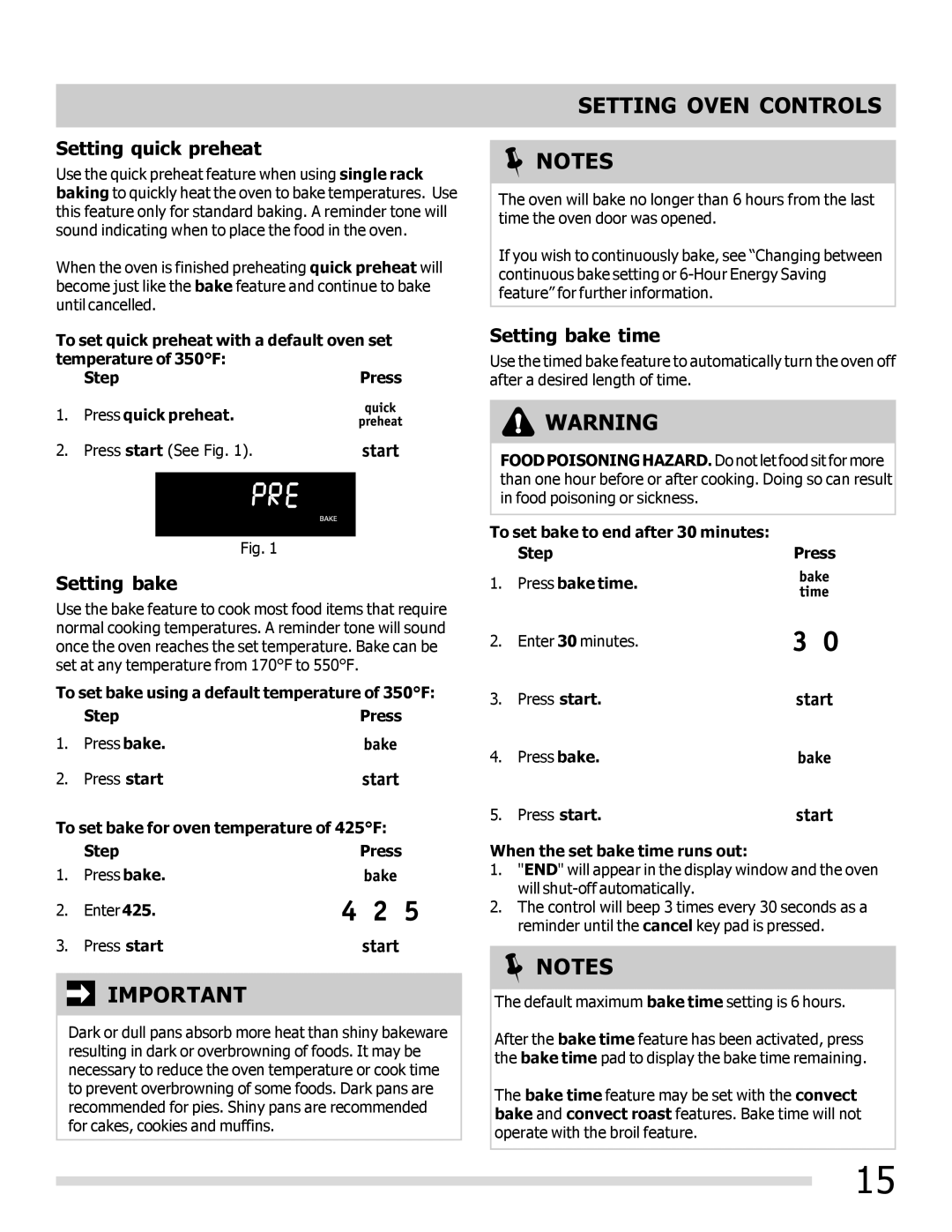 Frigidaire 316901207 Setting quick preheat, Setting bake time, When the set bake time runs out 