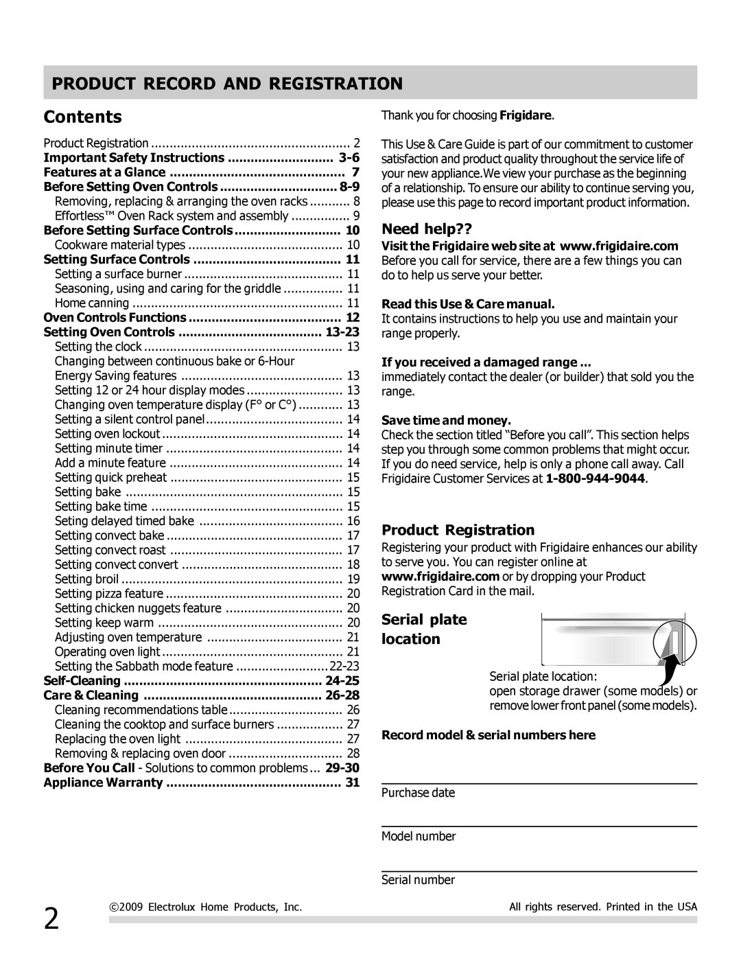 Frigidaire 316901207 important safety instructions Product Record and Registration, Contents 