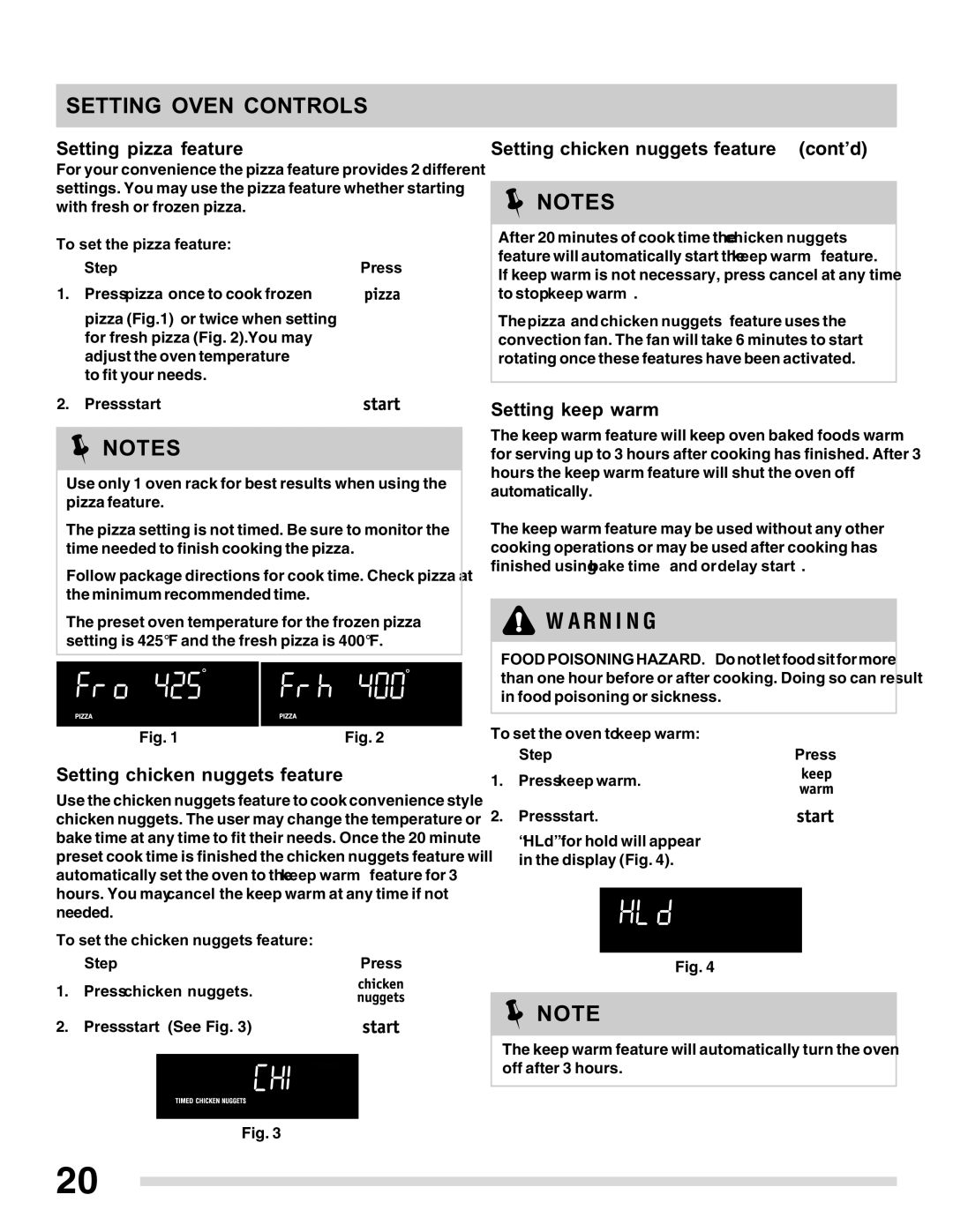 Frigidaire 316901207 Setting pizza feature, Setting chicken nuggets feature cont’d, Setting keep warm 