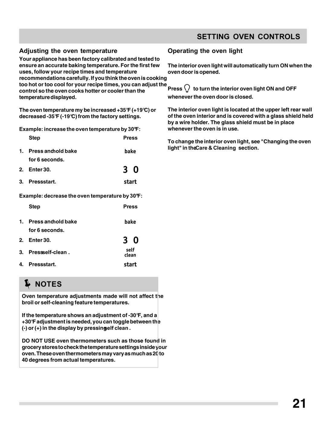 Frigidaire 316901207 important safety instructions Adjusting the oven temperature, Operating the oven light 