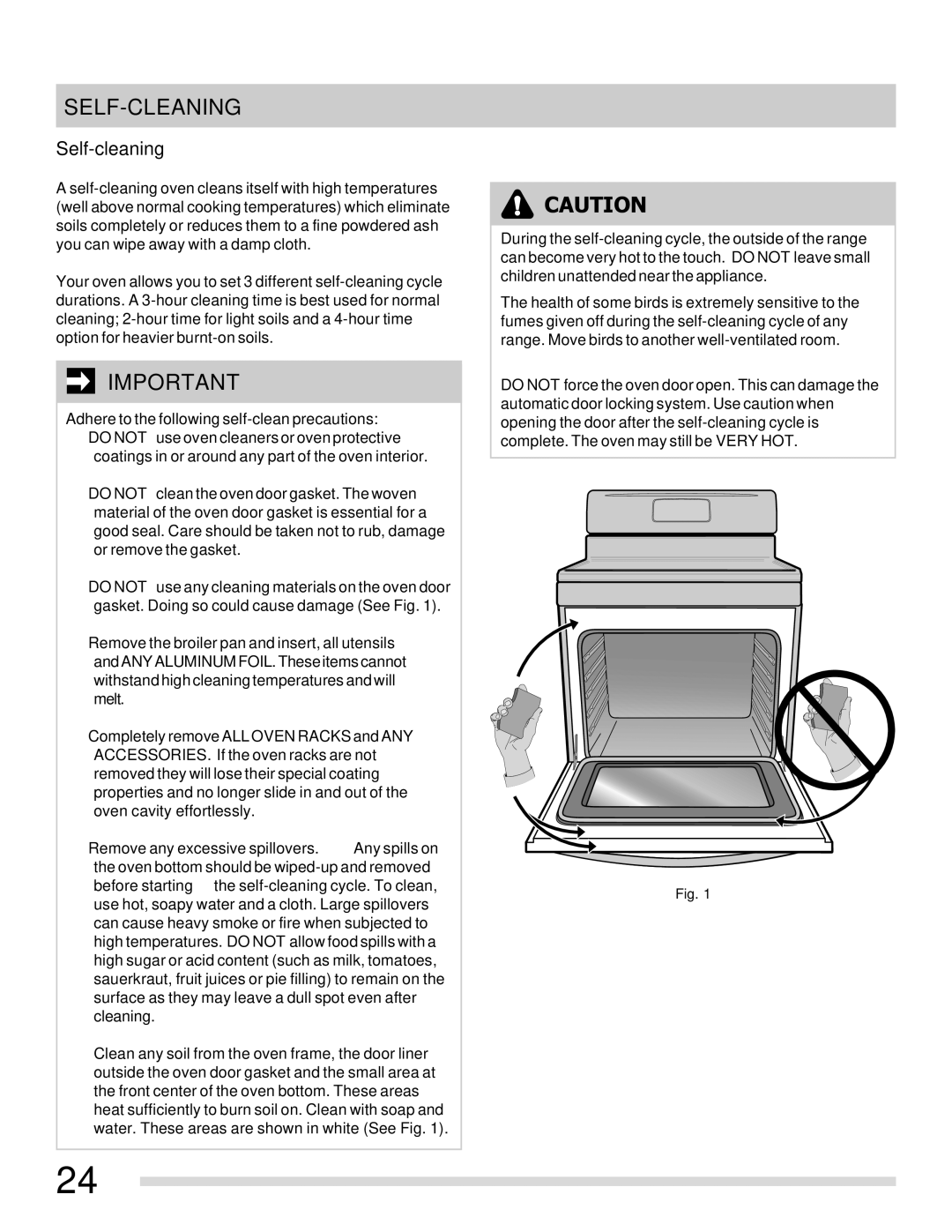 Frigidaire 316901207 Self-Cleaning, Self-cleaning, Adhere to the following self-clean precautions 